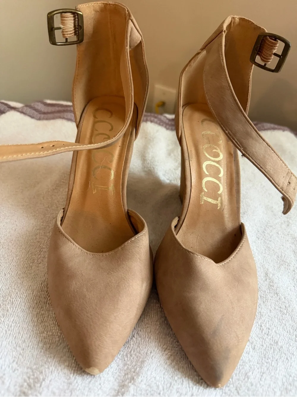 CCOCCI Taupe Ankle-Strap Wedge Pumps- some tiny little damage look closely.